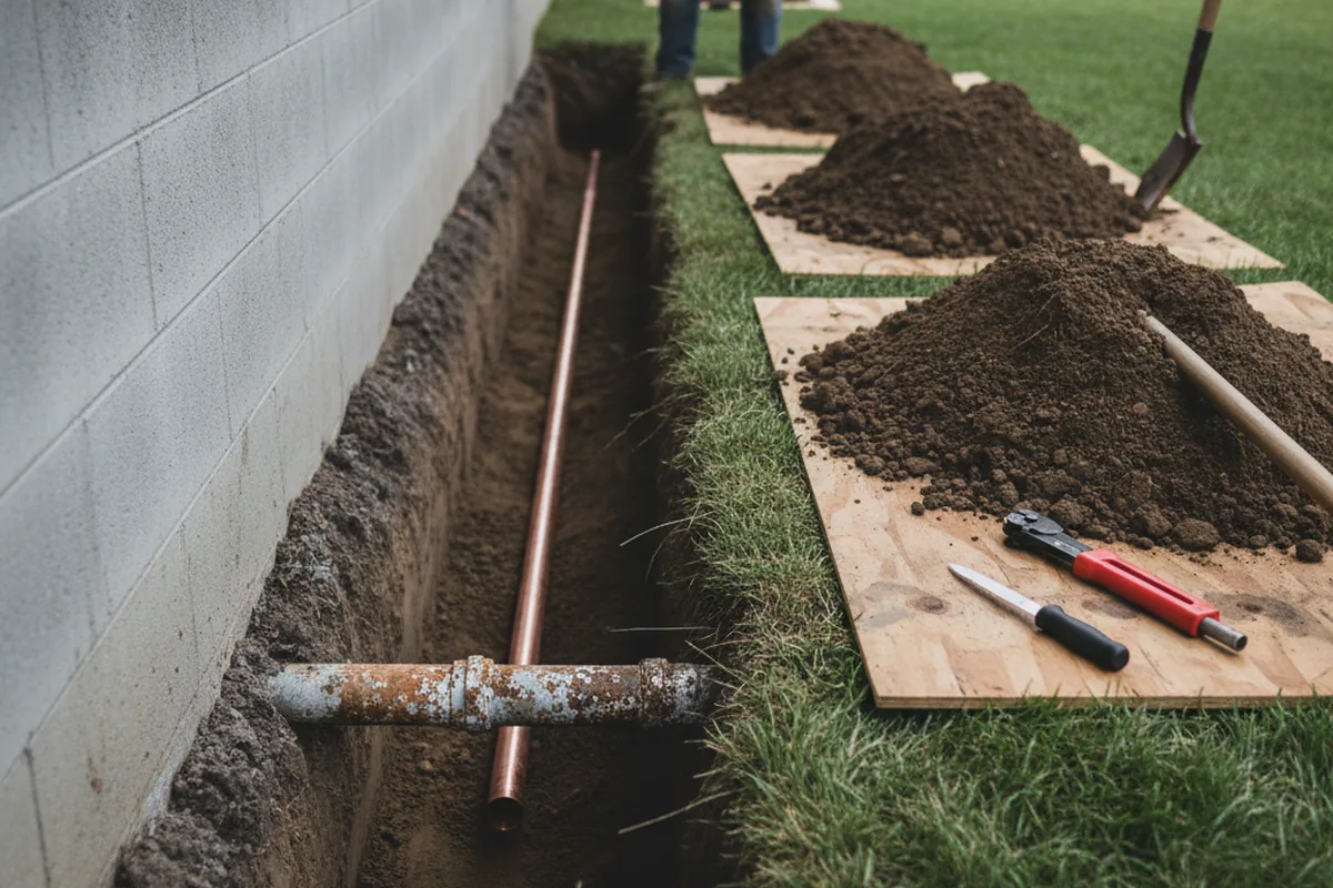 Excavated water line trench during Water Softener Installation in Catonsville